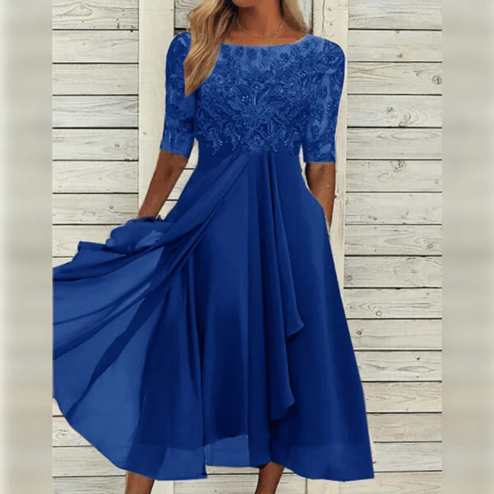 Elegant Lace Midi Dress with Flowing Skirt for Special Occasions