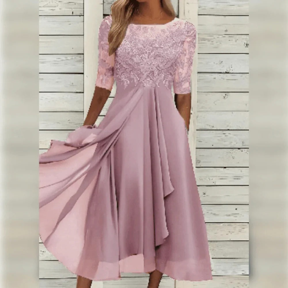 Elegant Lace Midi Dress with Flowing Skirt for Special Occasions