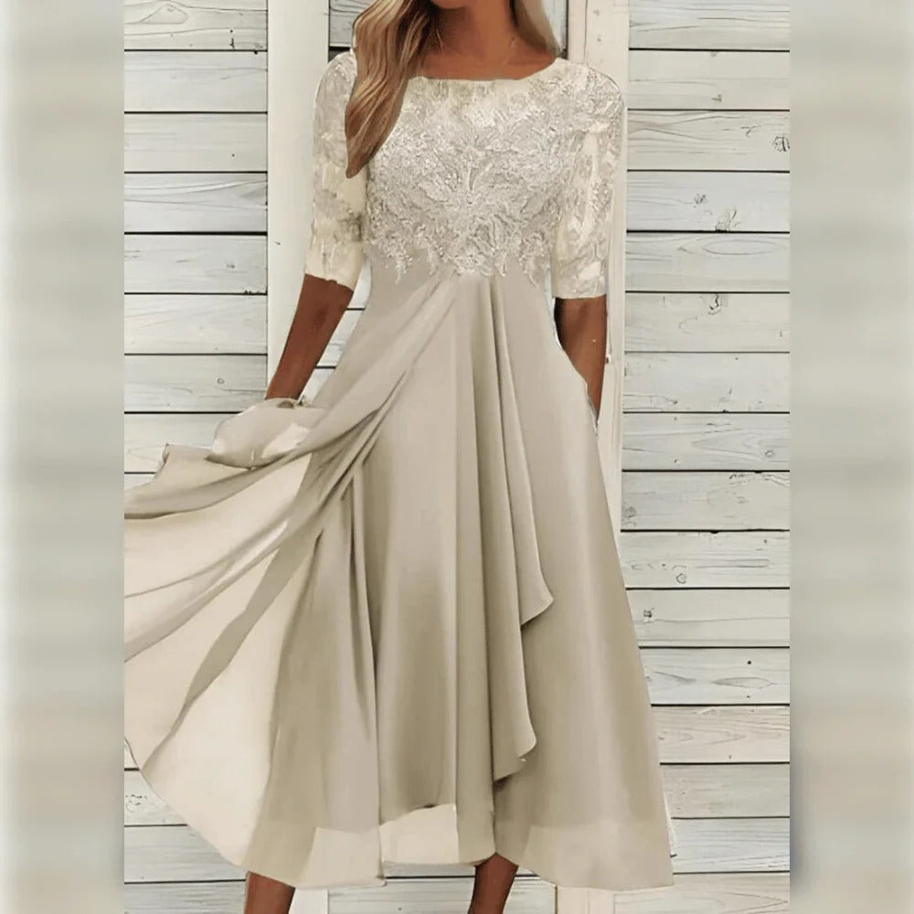 Elegant Lace Midi Dress with Flowing Skirt for Special Occasions