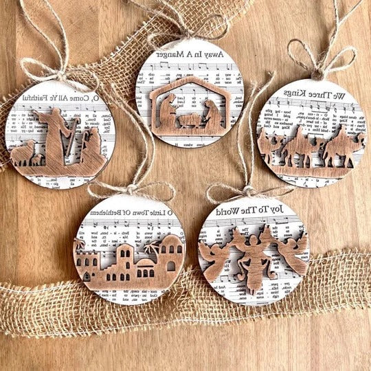 Nativity Music Sheet Ornaments - Handcrafted Holiday Decor