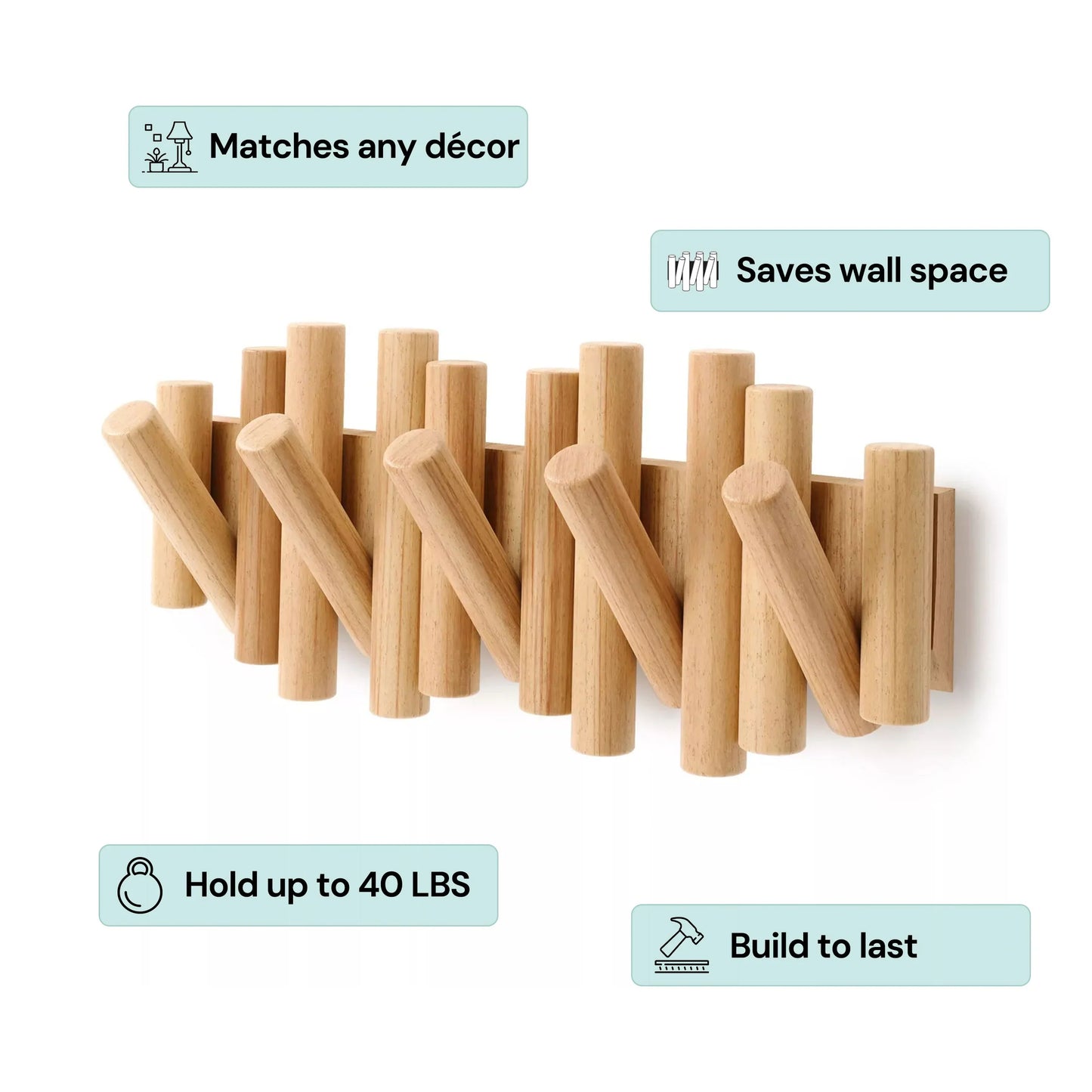 Wall-Mounted Beech Wood Coat Rack with Fold-Down Hooks