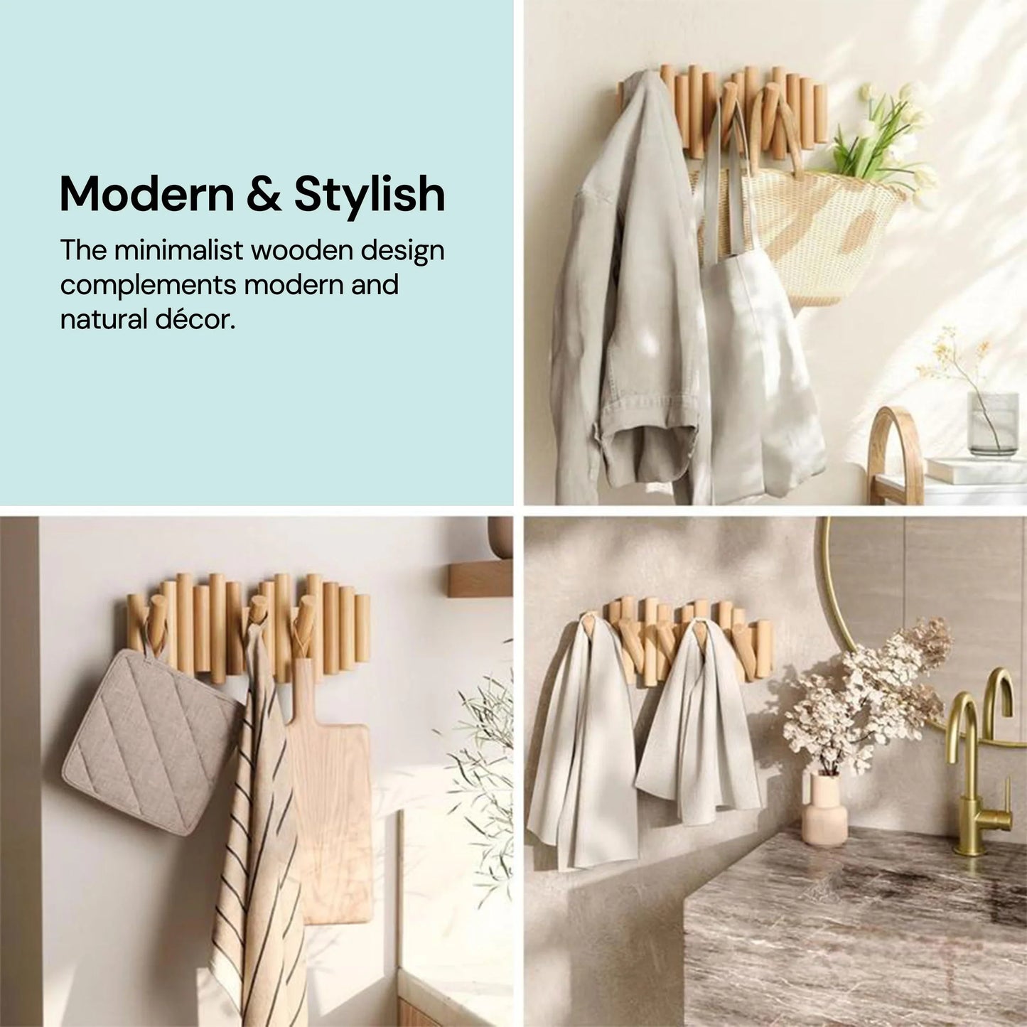Wall-Mounted Beech Wood Coat Rack with Fold-Down Hooks