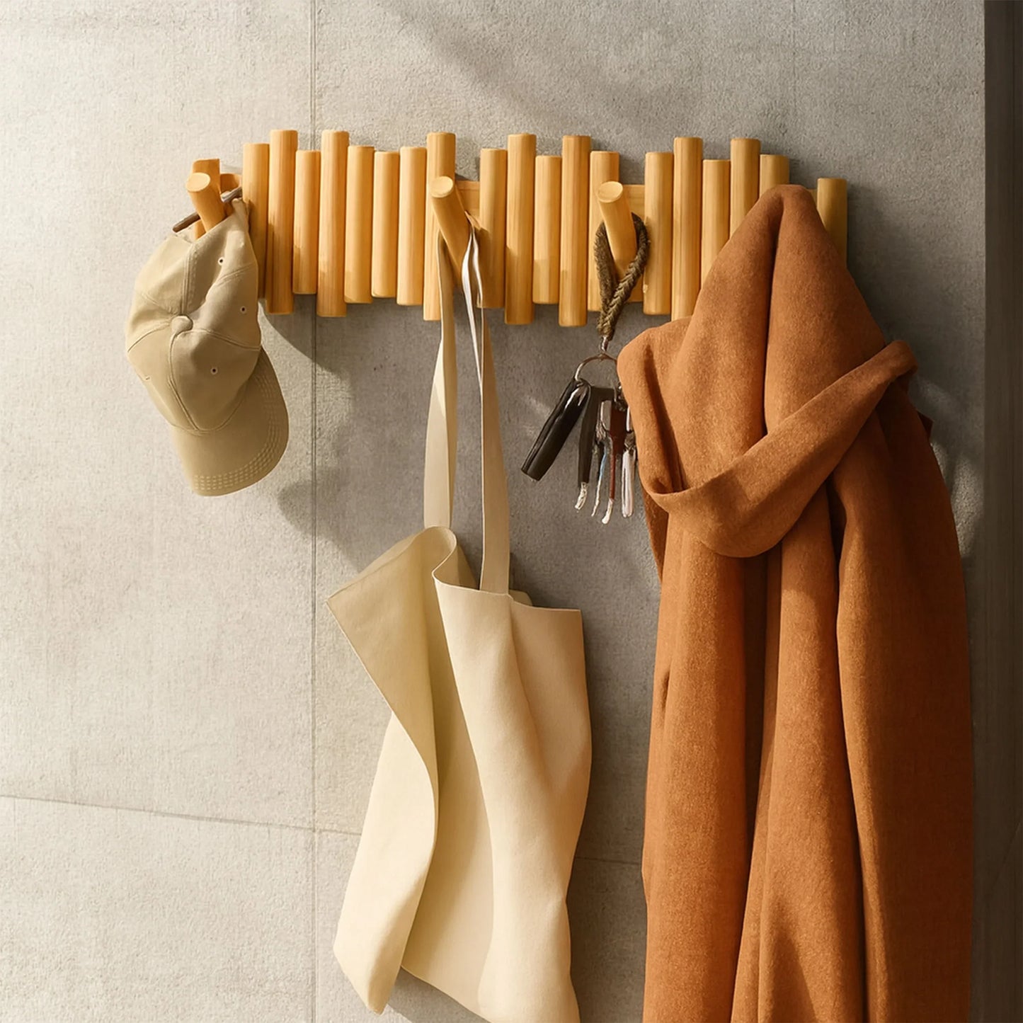 Wall-Mounted Beech Wood Coat Rack with Fold-Down Hooks