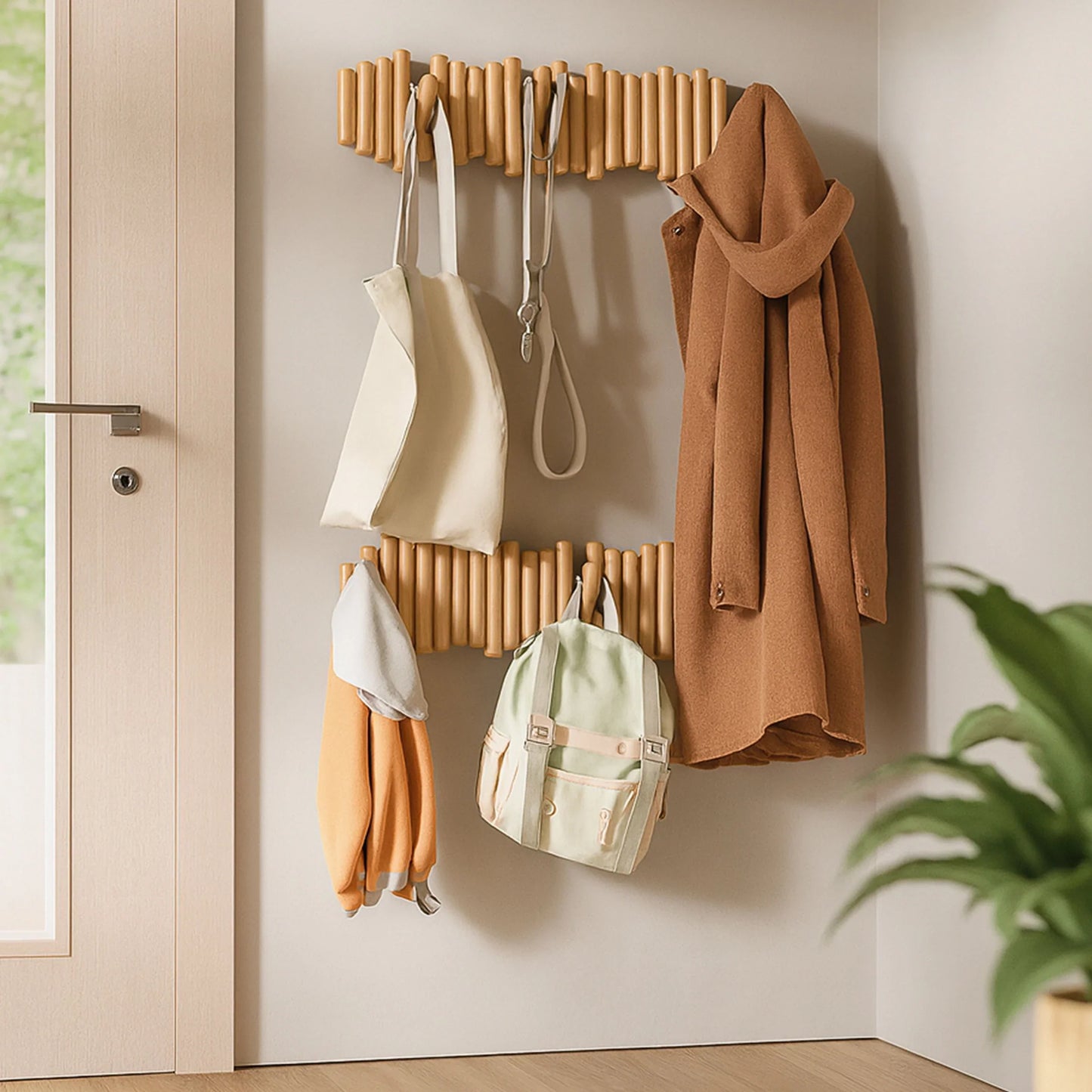 Wall-Mounted Beech Wood Coat Rack with Fold-Down Hooks