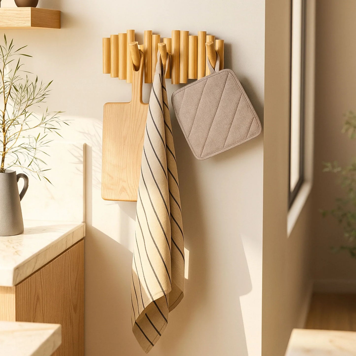 Wall-Mounted Beech Wood Coat Rack with Fold-Down Hooks