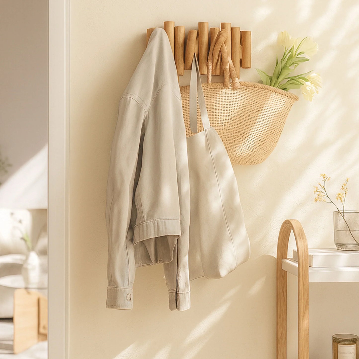 Wall-Mounted Beech Wood Coat Rack with Fold-Down Hooks