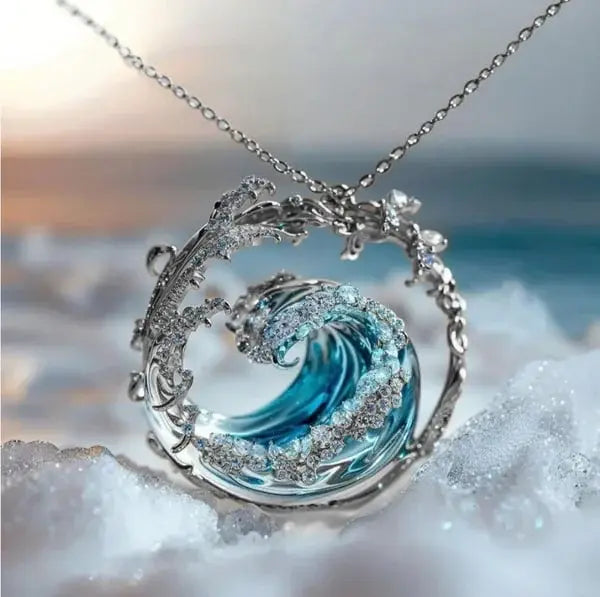 Silver Ocean Wave Pendant Necklace Minimalist Jewelry