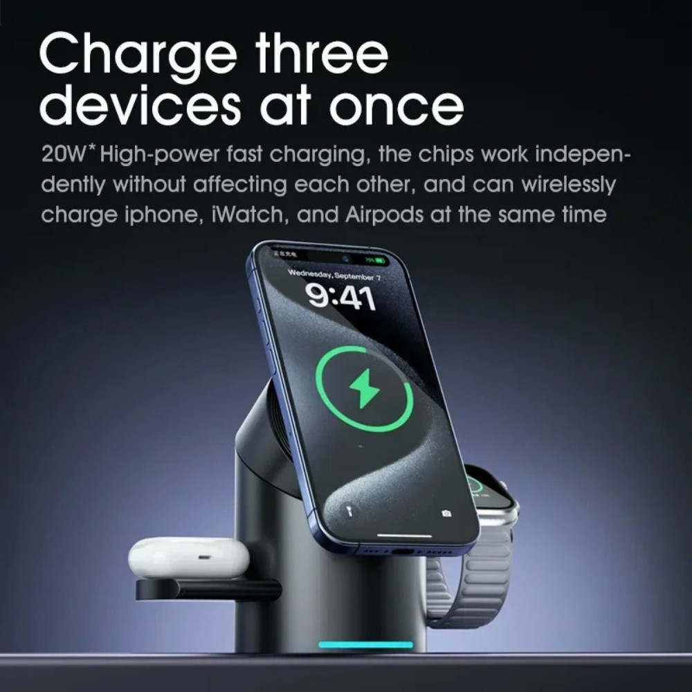 3 in 1 Magnetic Wireless Charger Stand for Phone, Watch, and Earbuds