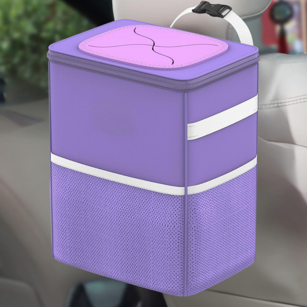Leakproof Fabric Car Trash Can and Organizer with Adjustable Strap
