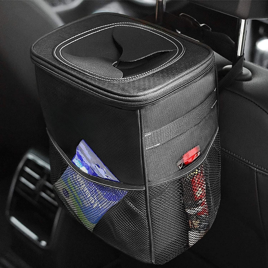 Leakproof Fabric Car Trash Can and Organizer with Adjustable Strap