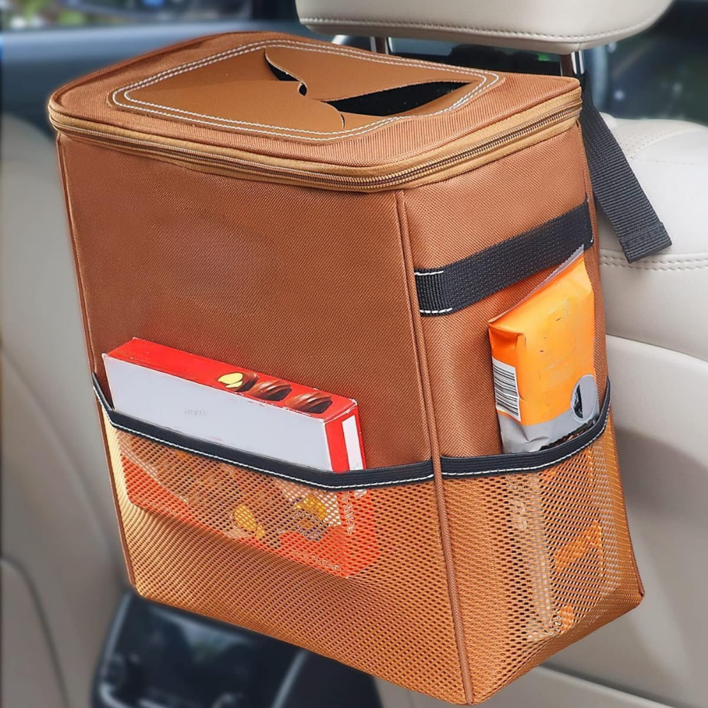 Leakproof Fabric Car Trash Can and Organizer with Adjustable Strap