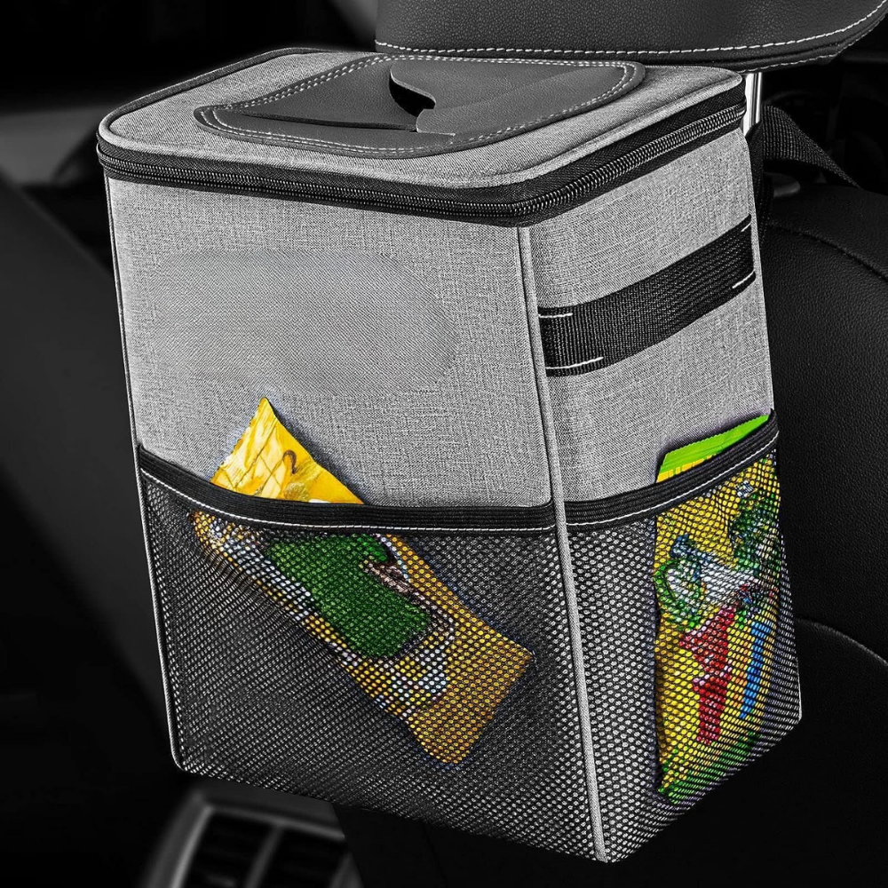 Leakproof Fabric Car Trash Can and Organizer with Adjustable Strap