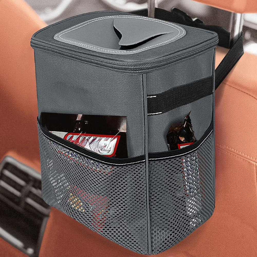 Leakproof Fabric Car Trash Can and Organizer with Adjustable Strap