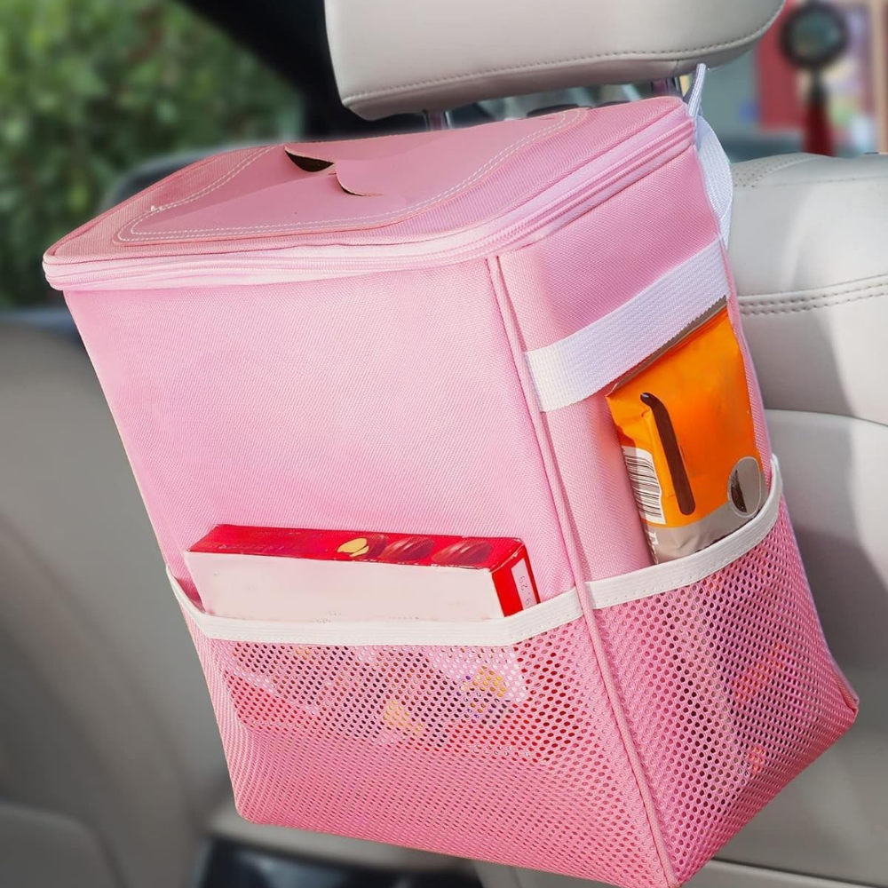 Leakproof Fabric Car Trash Can and Organizer with Adjustable Strap