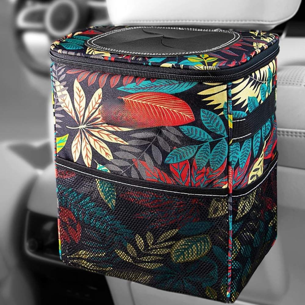 Leakproof Fabric Car Trash Can and Organizer with Adjustable Strap