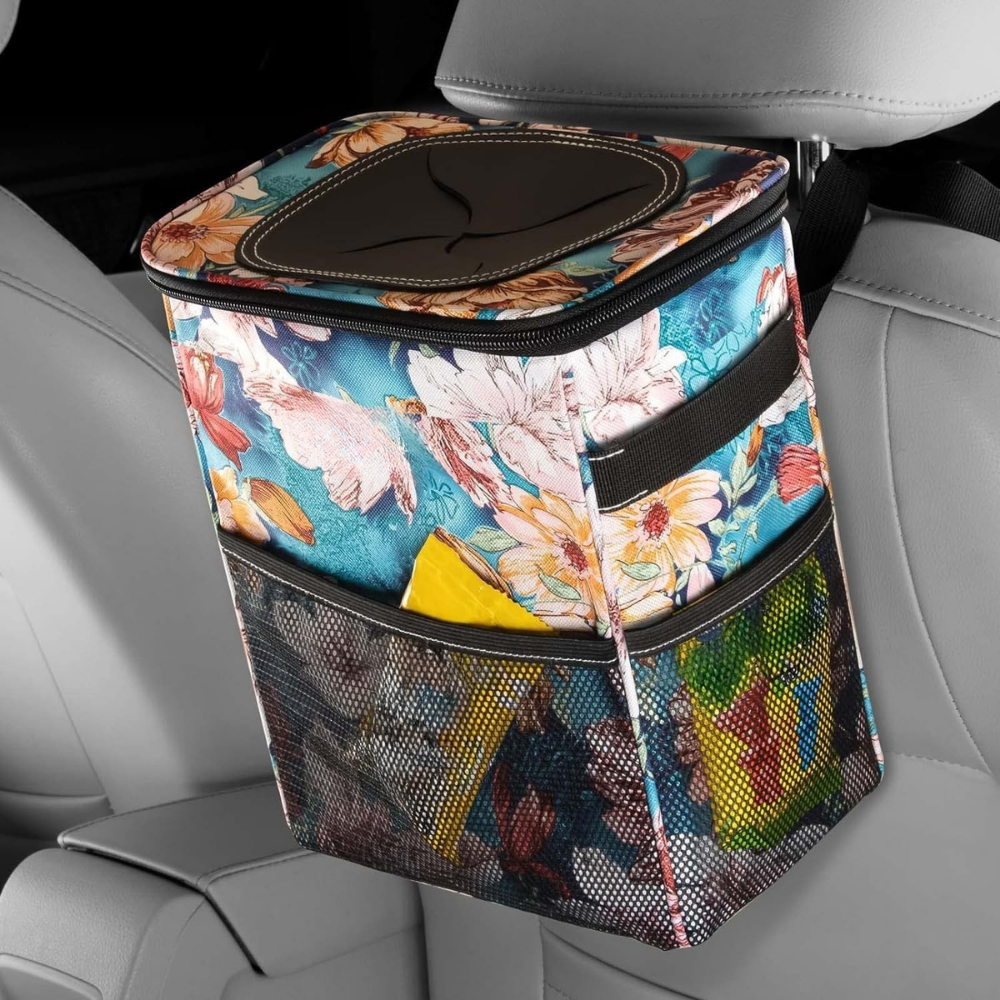 Leakproof Fabric Car Trash Can and Organizer with Adjustable Strap