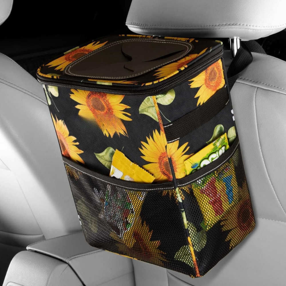 Leakproof Fabric Car Trash Can and Organizer with Adjustable Strap