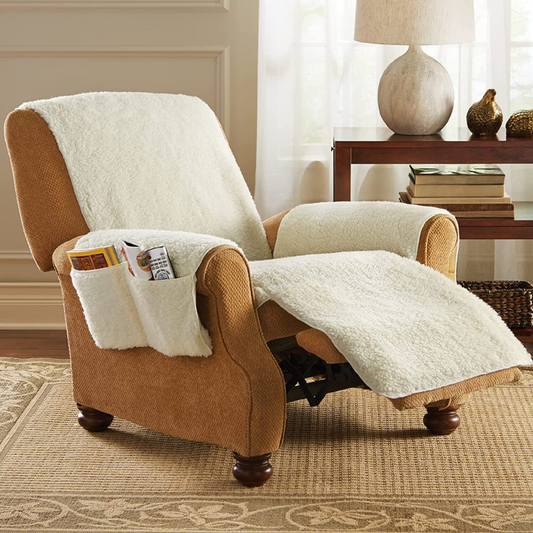 Cozy Beige Fleece Sofa Cover with Side Storage Pockets