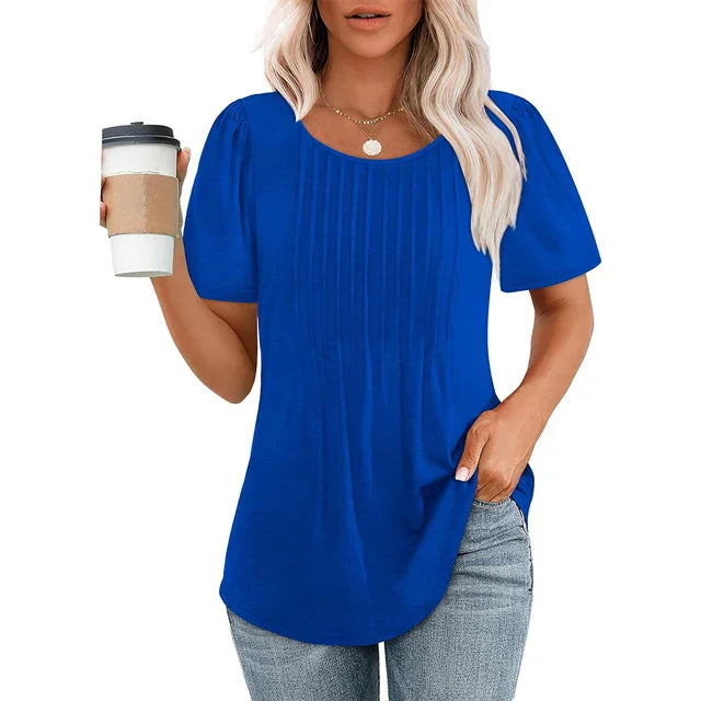Women's Pleated Round Neck Summer T-Shirt