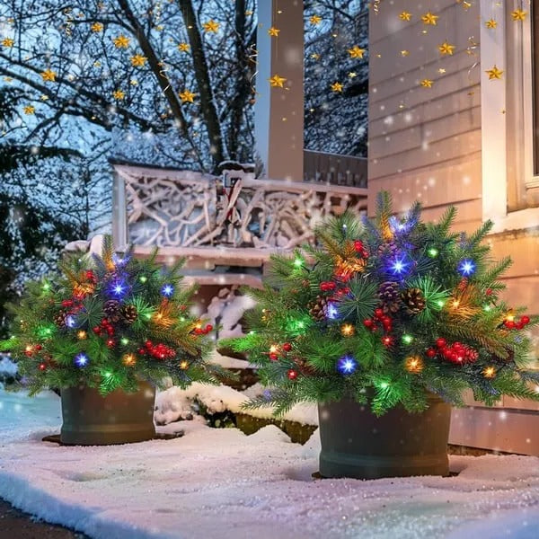 Pre-lit Feel Real Artificial Christmas Urn Filler with Timer and LED Lights