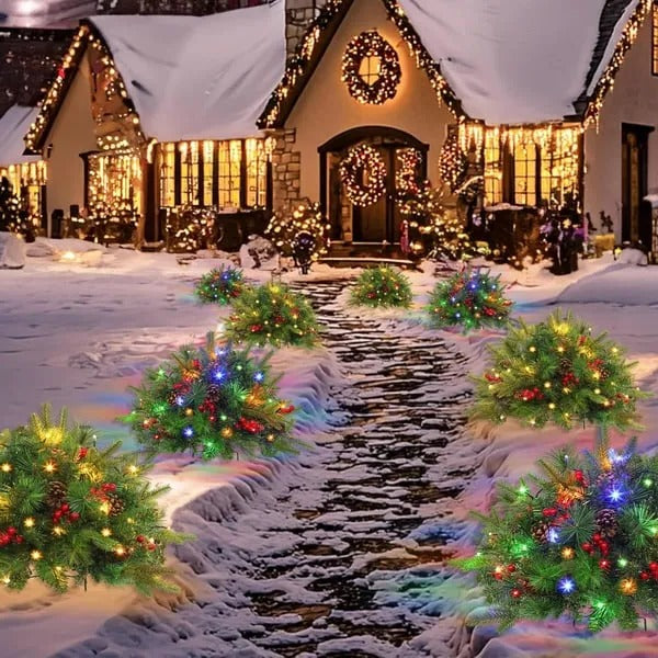 Pre-lit Feel Real Artificial Christmas Urn Filler with Timer and LED Lights