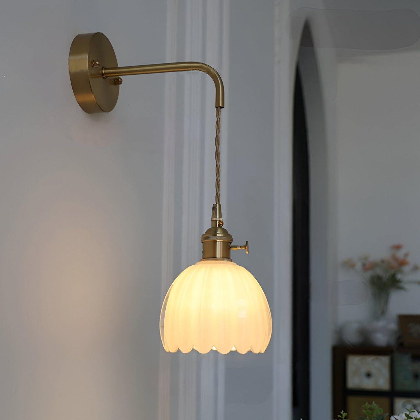 Modern Pink Ribbed Glass Wall Sconce with Brushed Gold Finish