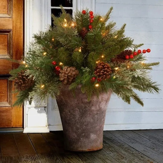 Pre-lit Feel Real Artificial Christmas Urn Filler with Timer and LED Lights