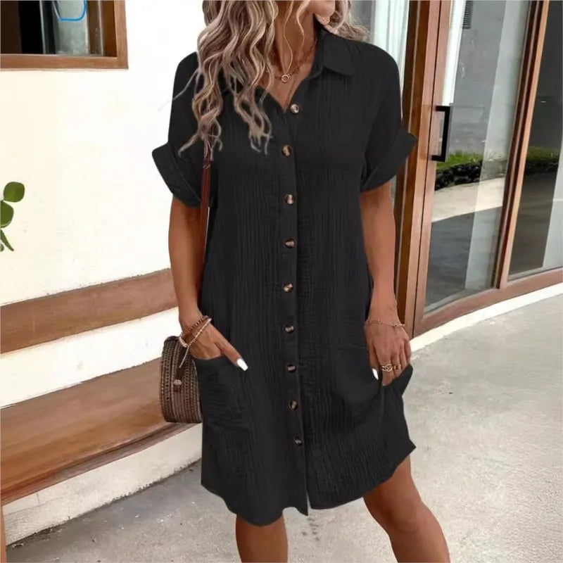 Light Summer Dress with Collar and Pockets for Women