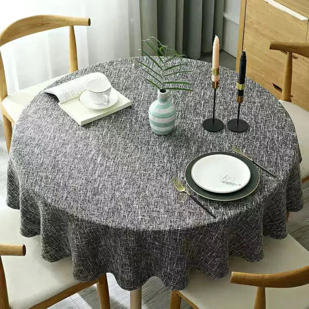 Round Linen Tablecloth with Woven Texture for Everyday Use