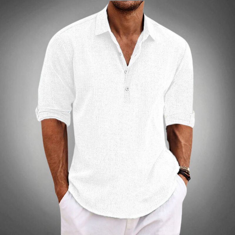 Men's Breathable Linen Polo Shirt with Button Closure