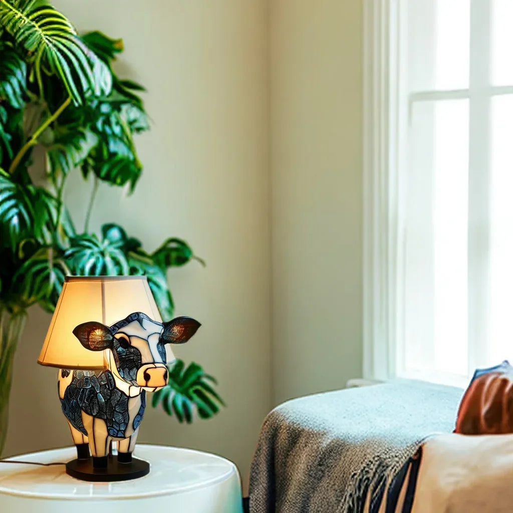 Tiffany-Style Cow Design Table Lamp with Warm Glow