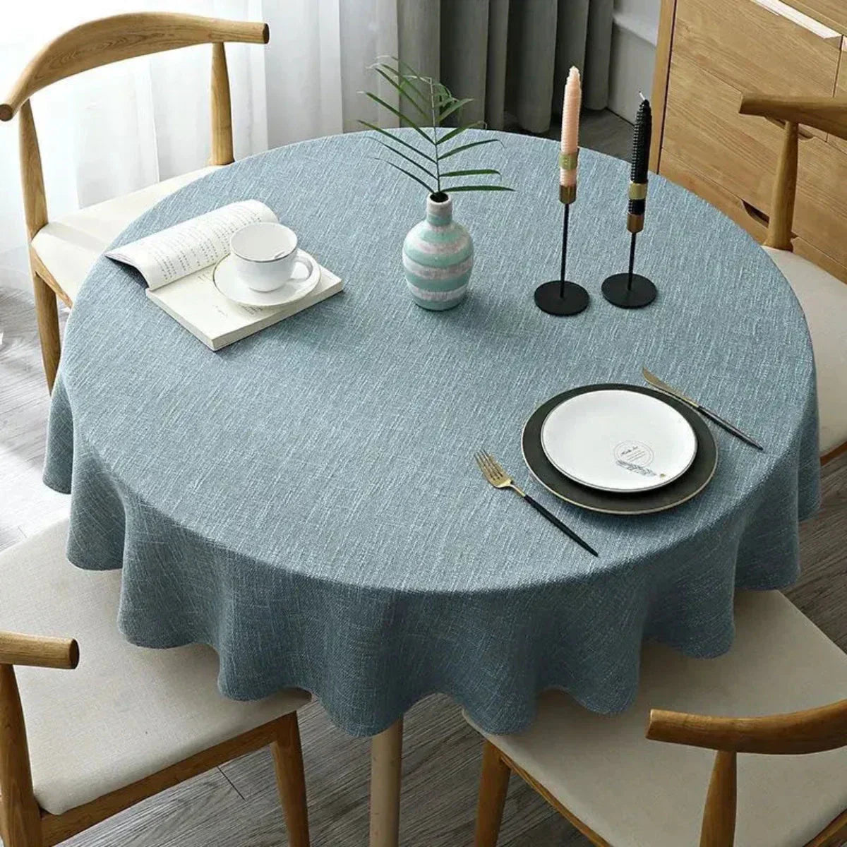 Round Linen Tablecloth with Woven Texture for Everyday Use