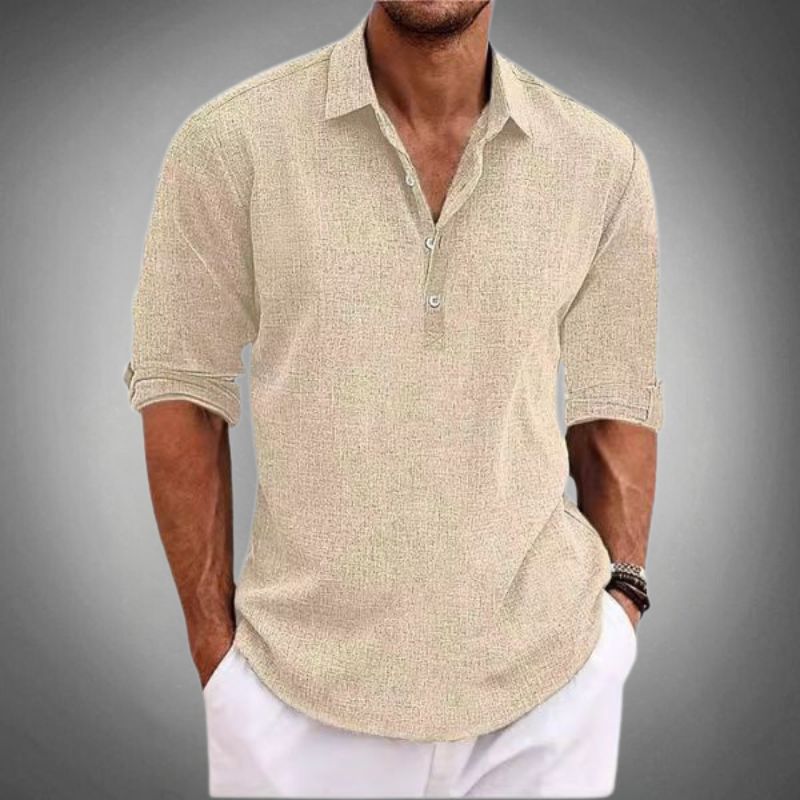 Men's Breathable Linen Polo Shirt with Button Closure