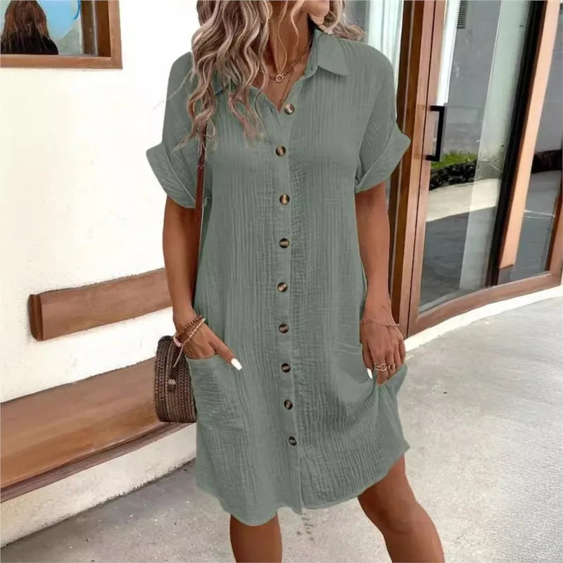 Light Summer Dress with Collar and Pockets for Women