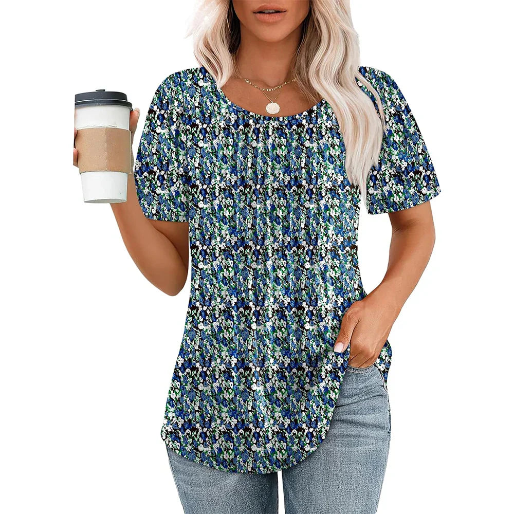 Women's Pleated Round Neck Summer T-Shirt