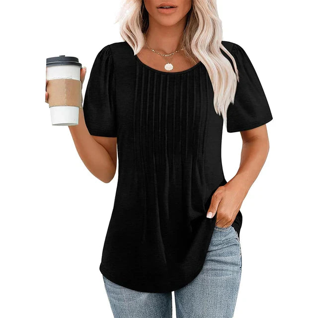 Women's Pleated Round Neck Summer T-Shirt