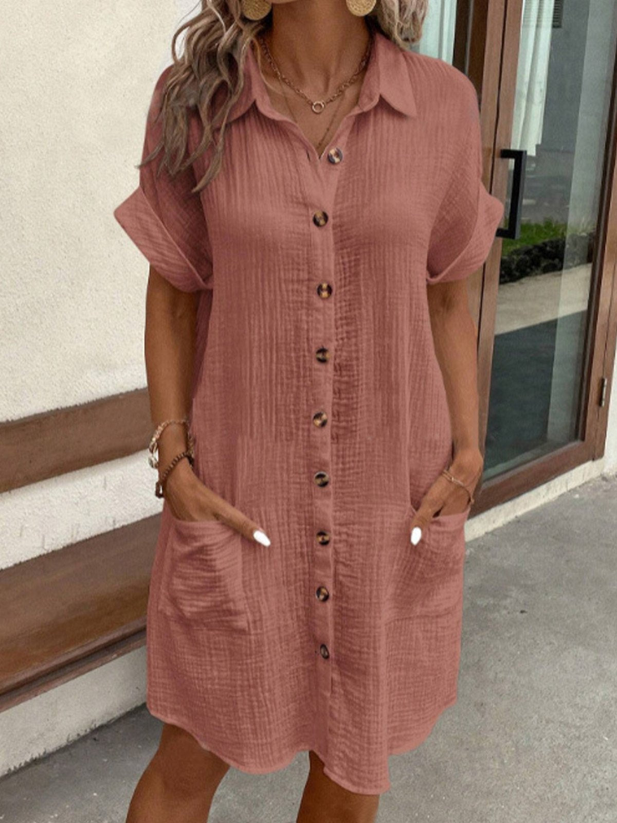 Light Summer Dress with Collar and Pockets for Women