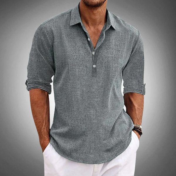 Men's Breathable Linen Polo Shirt with Button Closure