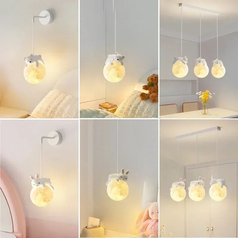Adjustable LED Hanging Lamp with Bear or Rabbit Theme for Children's Room