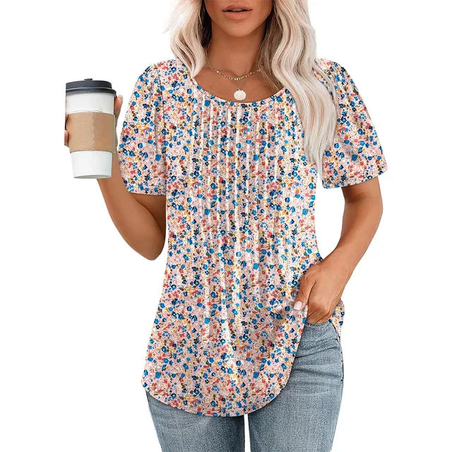 Women's Pleated Round Neck Summer T-Shirt