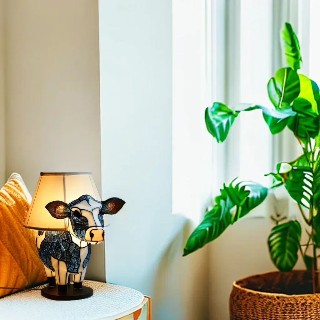 Tiffany-Style Cow Design Table Lamp with Warm Glow
