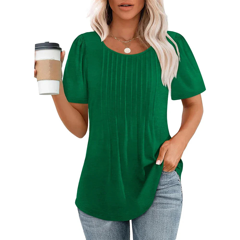 Women's Pleated Round Neck Summer T-Shirt