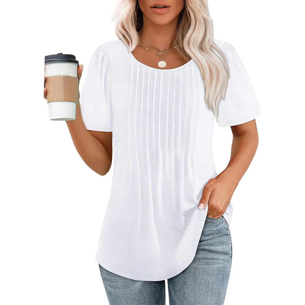 Women's Pleated Round Neck Summer T-Shirt