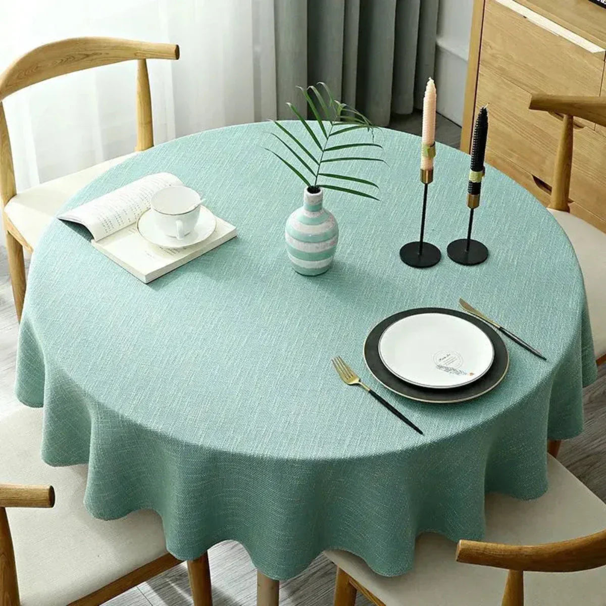 Round Linen Tablecloth with Woven Texture for Everyday Use