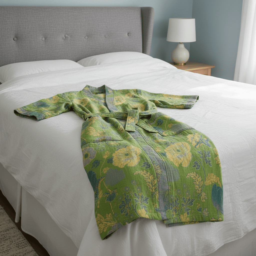 Organic Cotton Kimono Bathrobe with Ginkgo Leaf Design