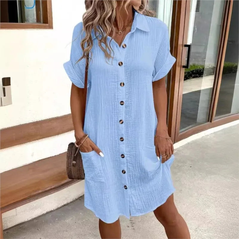 Light Summer Dress with Collar and Pockets for Women