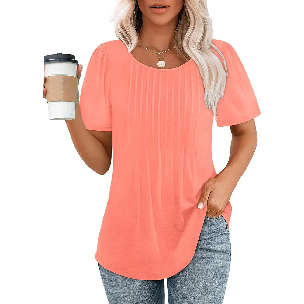 Women's Pleated Round Neck Summer T-Shirt