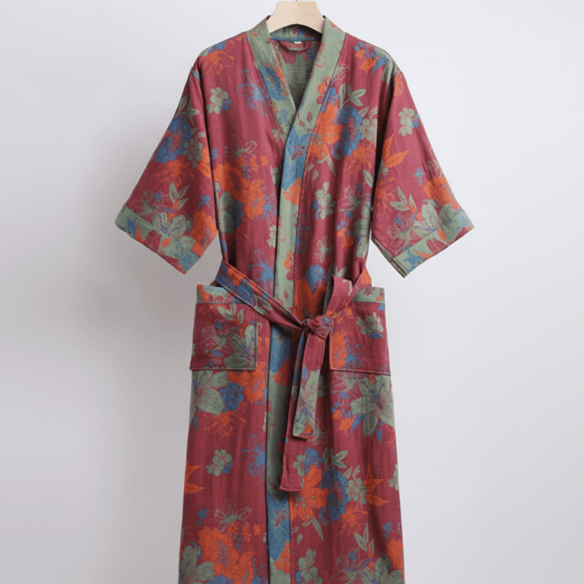 Organic Cotton Kimono Bathrobe with Ginkgo Leaf Design