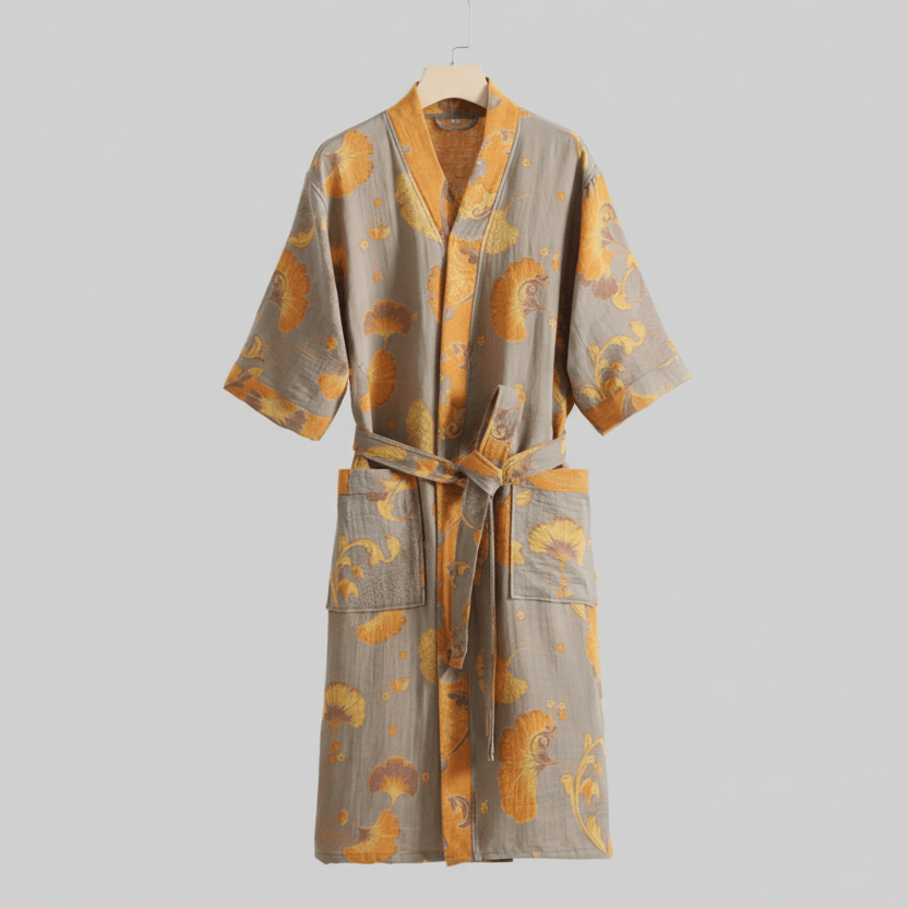 Organic Cotton Kimono Bathrobe with Ginkgo Leaf Design