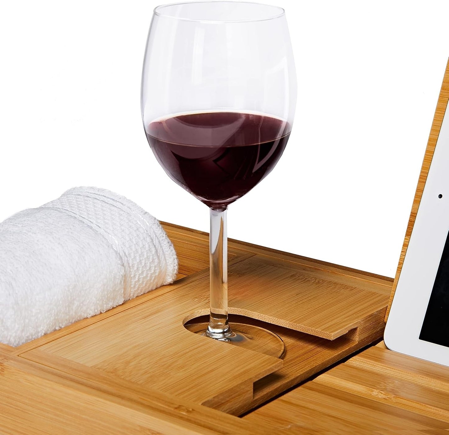 Expandable Bamboo Bath Caddy with Wine Glass Holder and Book Rest